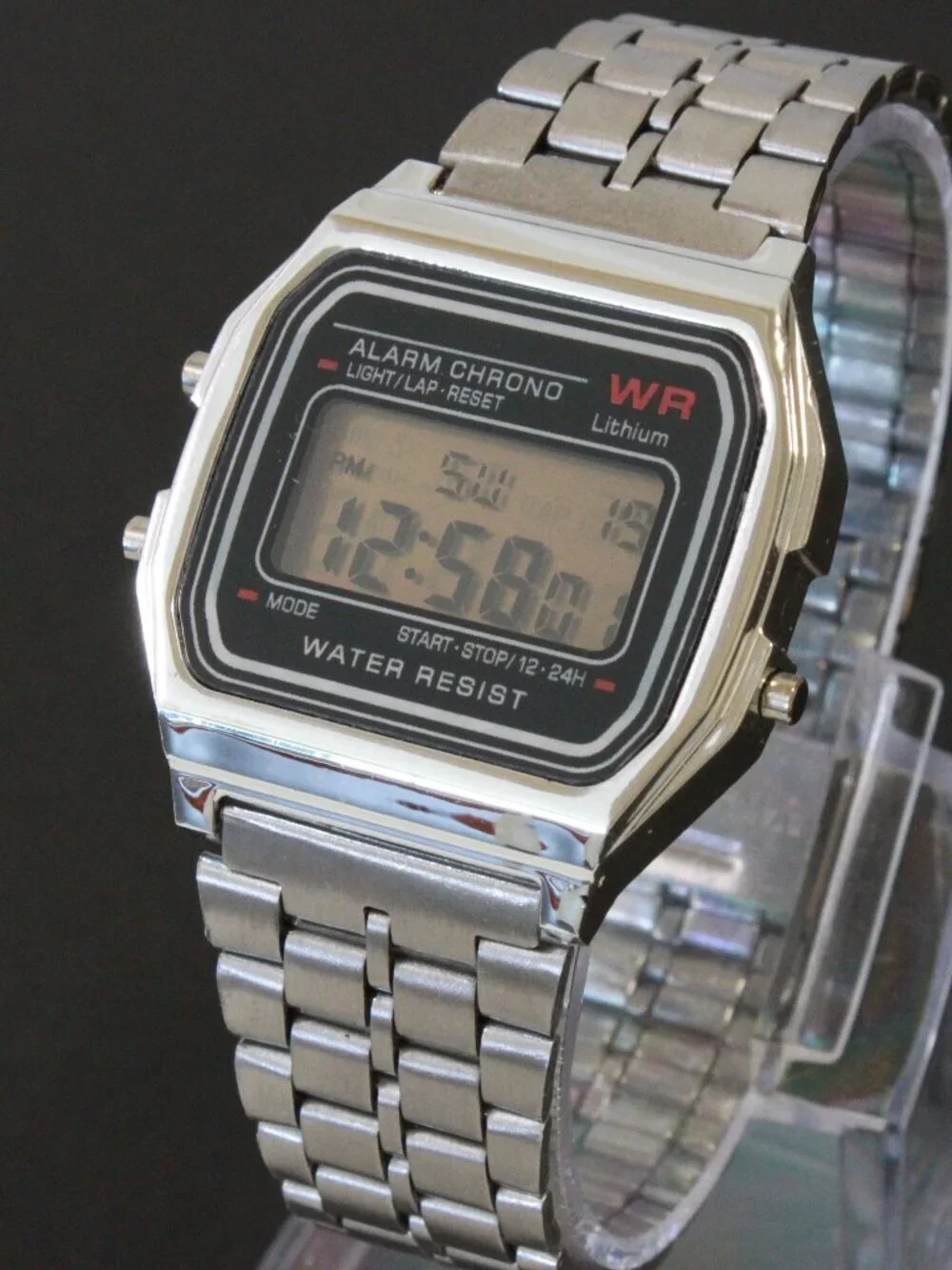 Retro Style Digital Watch Metal Case Bracelet Back light, Stopwatch, Day, Date